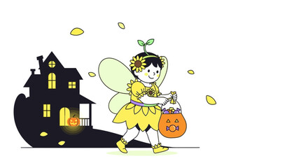Fototapeta premium Cute Fairy With Pumpkin Bag Trick or Treating On Halloween Night