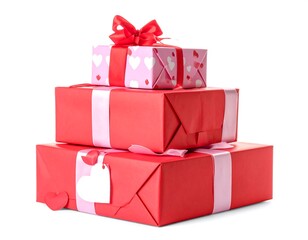 Fototapeta premium Stack of red/pink wrapped gifts, pink ribbons, heart tag on white