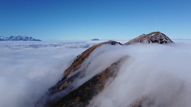 Aerial Panorama from Stol Mountain Over Cloud Inversion with Triglav in Distance, Slovenia