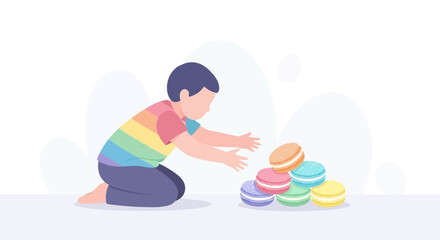 Obraz premium Child Reaches for Colorful Macarons in Playful Illustration on White Background