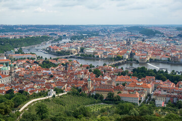 Obraz premium Wide Panoramic View Of Prague Lesser Town And Old Town Cityscape Separated By Vltava River, Prague, Czech Republic