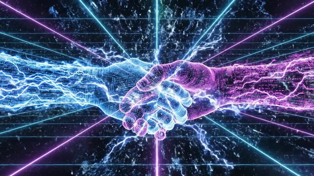 Digital handshake with neon lines
