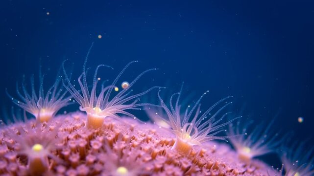 A vibrant pink coral reef teeming with marine life in a stunning underwater video scene