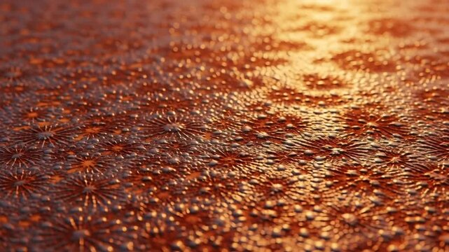 A close-up view of a textured copper surface reflecting warm golden light in a studio setting
