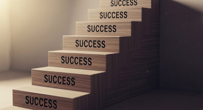 Wooden staircase with the word "Success" on each step, bathed in soft lighting