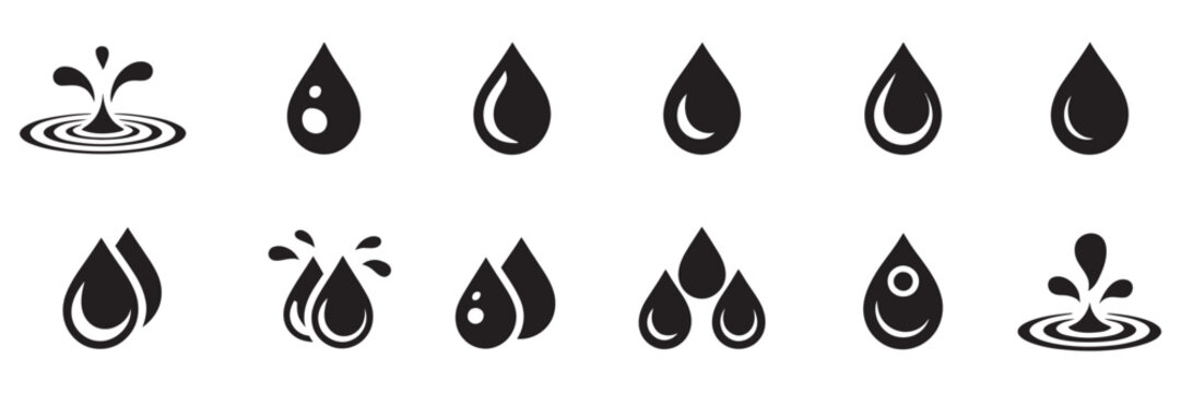 Water drop icon set, flat droplet logo symbol collection, vector water shapes, liquid icons for design projects, isolated white background