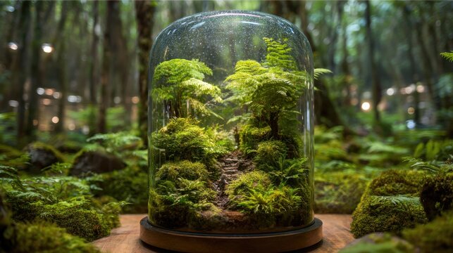 Miniature forest ecosystem inside glass dome