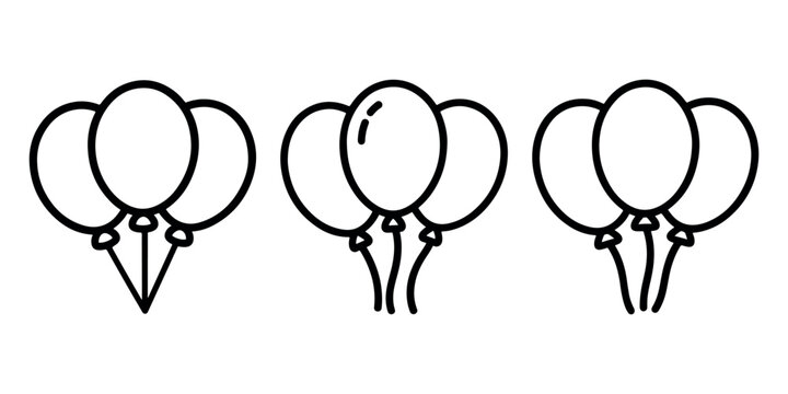 Balloon vector icon set featuring group of three festive party balloons with strings and ribbons in thin line style for celebration events and birthdays