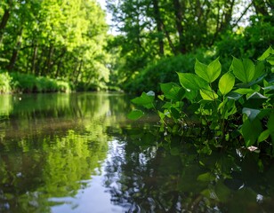 Fototapeta premium Serene River Surrounded by Lush Green Foliage.