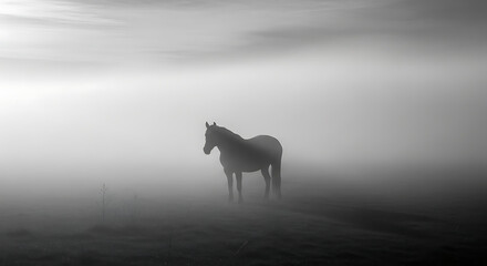 Fototapeta premium Majestic horse standing alone in mysterious foggy landscape