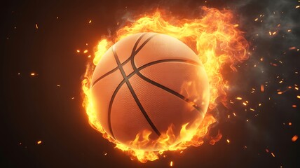 Fototapeta premium A basketball engulfed in bright orange and yellow flames with sparks flying around it against a dark background