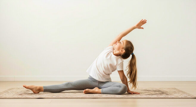 Girl practicing yoga pose on rug in bright indoor environment  