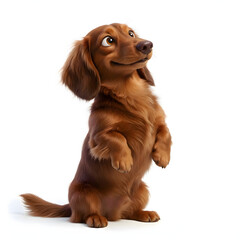 A contented long-haired dachshund stands on its hind legs against a white background
