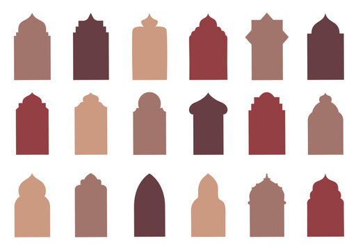 Set of Islamic shape window frame in flat style. Arab frame set. Ramadan Kareem silhouette icon. Mosque gate. Islamic arabesque pattern. Vector mosque gate shape isolated on background.