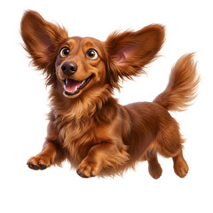 A long-haired dachshund runs happily against a white background
