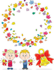 Obraz premium Cute little schoolgirl and schoolboy ringing their small bells with red bows and ribbons, a round frame with autumn leaves and a funny school bell character, a set of vector cartoon illustrations