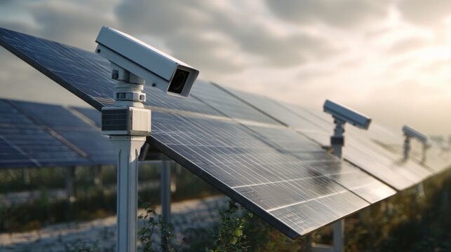 Solar panel array with security cameras at sunset