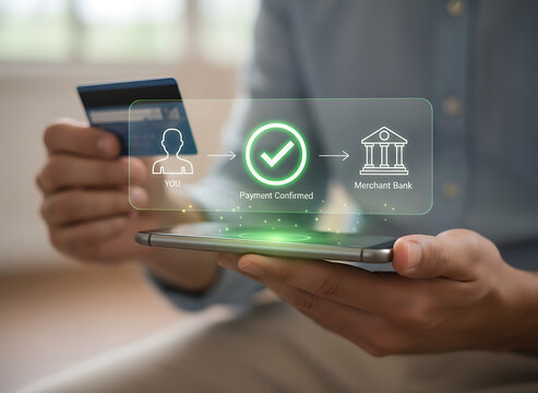 Person holding smartphone and credit card with digital payment confirmation interface showing successful transaction between user and merchant bank for online shopping