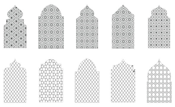 blac traditional islamic window shape. Arabic black frames, mosque arches isolated on black background. Muslim architecture design elements, silhouette moroccan borders or gates. Ramadan kareem doors