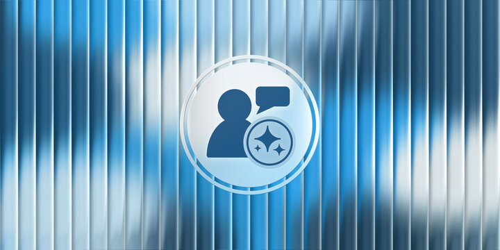 Artificial intelligence AI customer service and chat support assistant icon with sparkles on blue glass background for digital communication and feedback technology