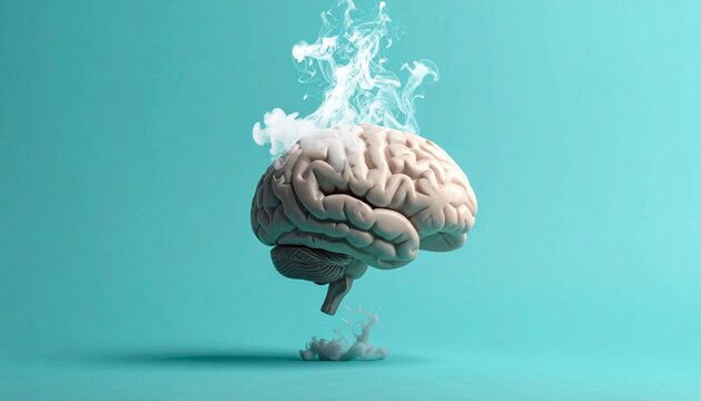 Conceptual Human Brain with Smoke and Steam Over Teal Background