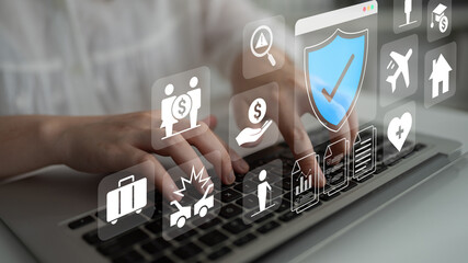 Fototapeta premium Various insurance icons like travel, health, home, and car protection connected to a central blue shield icon Parse