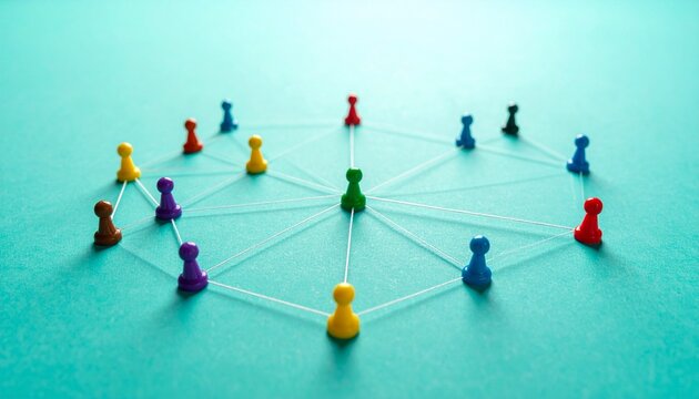 Connected Colorful Game Pawns Forming a Network on Teal Background