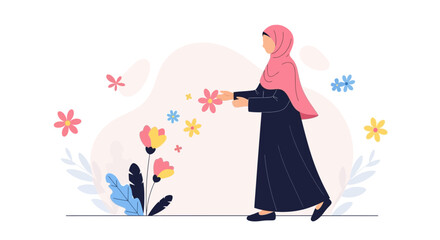 Obraz premium Graceful Woman In Hijab Tending To Blooming Flowers In Gentle Sunlight