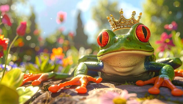 Tree Frog Wearing Golden Crown in Lush Flower Garden