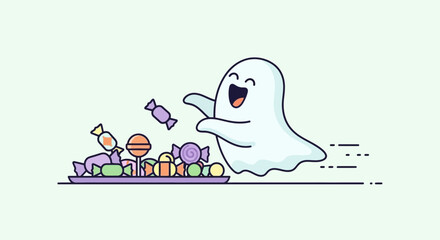 Happy Ghost Eagerly Grabbing Candy From Tray, Festive Celebration Illustration