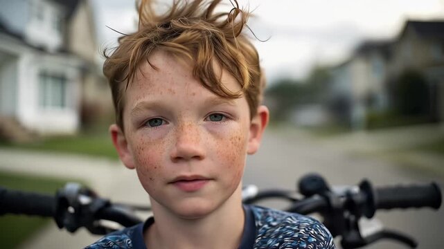 Young boy rides bicycle on quiet street during summer evening with soft light capturing his face and freckles near home