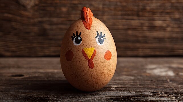 Website or social media banner concept featuring a chicken egg with a painted face on a brown wooden background.