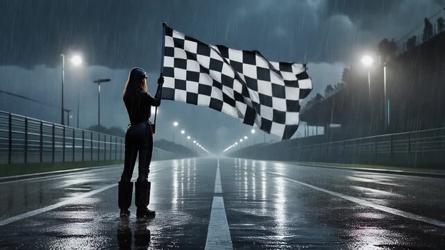Silhouetted Official Waving Checkered Flag on Rain-Soaked Racetrack at Night