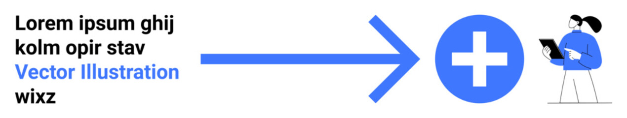 Fototapeta premium Healthcare, technology, data management, digital progress, innovation, medical systems. Blue arrow pointing to plus sign with a person using a laptop. Healthcare and technology integration concept