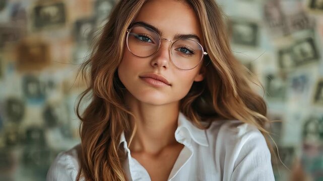 Young attractive female entrepreneur poses confidently in an office space filled with inspiring decor and vintage currency notes, showcasing her professional demeanor and vision for success