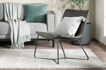 living room with gray couch and a modern chair, white rug and green plant in pot © Jesus