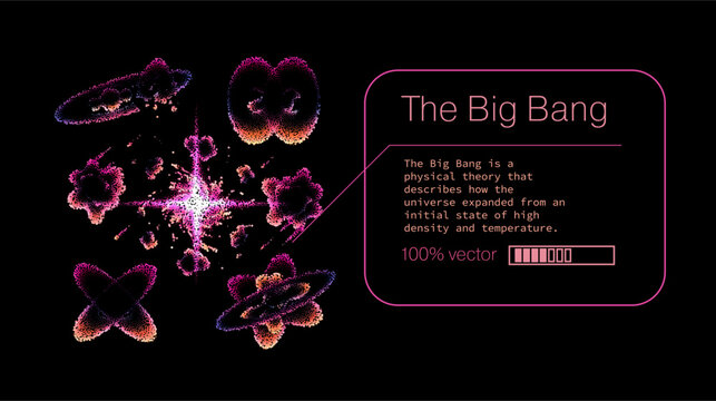 vibrant vector illustration depicting the Big Bang as an explosive central burst of light surrounded by colorful particle clusters, glowing nebulae-like shapes, and symmetrical cosmic forms.