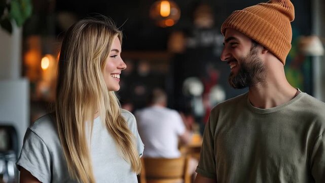 Confident young owners standing against a modern cafe backdrop with warm lighting and a welcoming atmosphere, showcasing their enthusiasm for their new venture