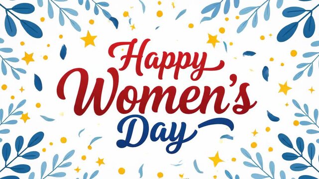Happy Women's Day text with festive confetti on white background