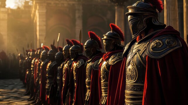 Military unit of powerful Roman Empire, men dressed in legionaries clothing and equipment performing in camp, soldiers wearing metallic armor