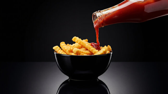 Bowl of french fries and ketchup isolated on a dark background
