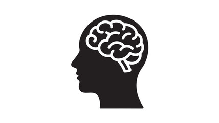 Human Head Silhouette with Brain Illustration in Minimalist Style with High Contrast Black and White Color Scheme on Plain White Background for Psychology