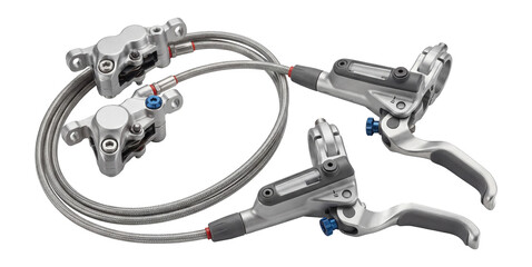 Hydraulic disc brake set with mineral oil reservoir and steel braided hoses.