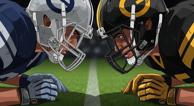 Two football players face each other intensely on the field, ready for a head-to-head competition.