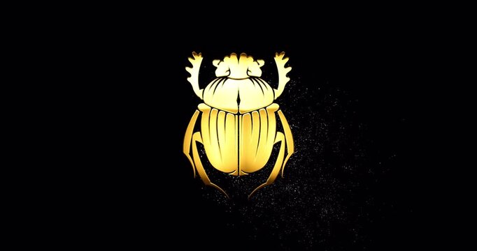 Gold egyptian sacred Scarab or ancient egyptian beetle, symbol Khepri god with glare and glittering falling particles, footage