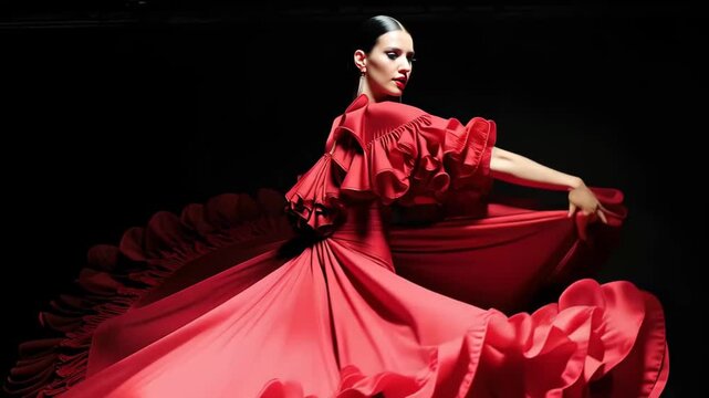 Model poses in red dress with large ruffles during studio photoshoot at night showcasing fashion design and creativity