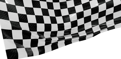 Obraz premium Checkerboard racing flag waving, black and white pattern in dynamic motion on white backdrop. Symbol of speed, competiti
