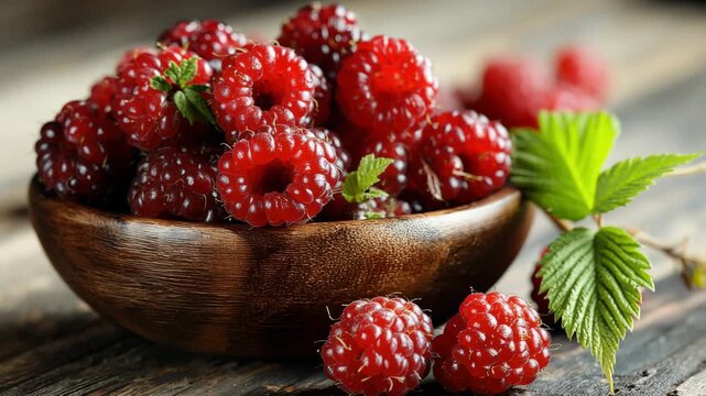 A wooden bowl filled with bright red raspberries sits on a rustic wooden table, showcasing their vibrant color and natural texture in a delightful summer arrangement.