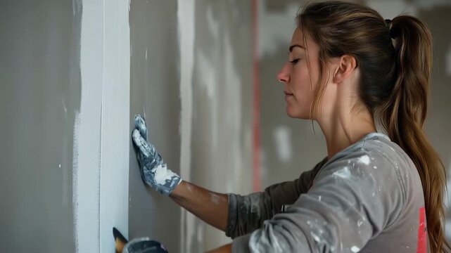 Woman skillfully taping and mudding joints of drywall in a modern construction space with a focus on precision and craftsmanship