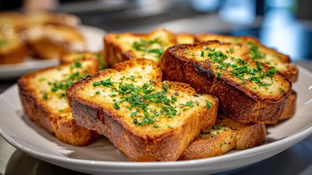 Freshly grilled slices of garlic bread are displayed on a white plate, garnished with green herbs, highlighting a tasty appetizer perfect for any meal.